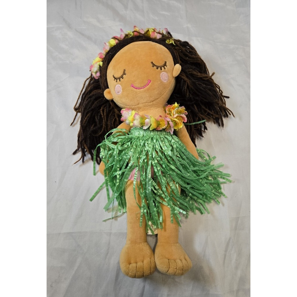 Earth Nymph Hawaiian Plush Girl Doll Hawaii Hula Skirt Lei 14 Inch‎ Brown Hair